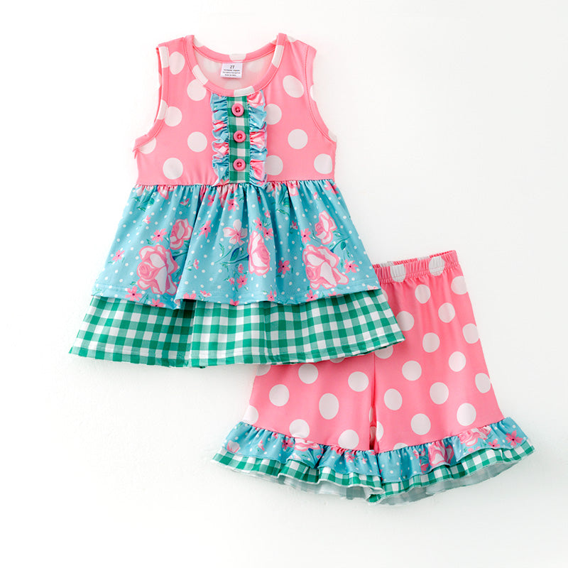 (In Stock)Girls Spring and Summer Pink Dot Print Outfit Set