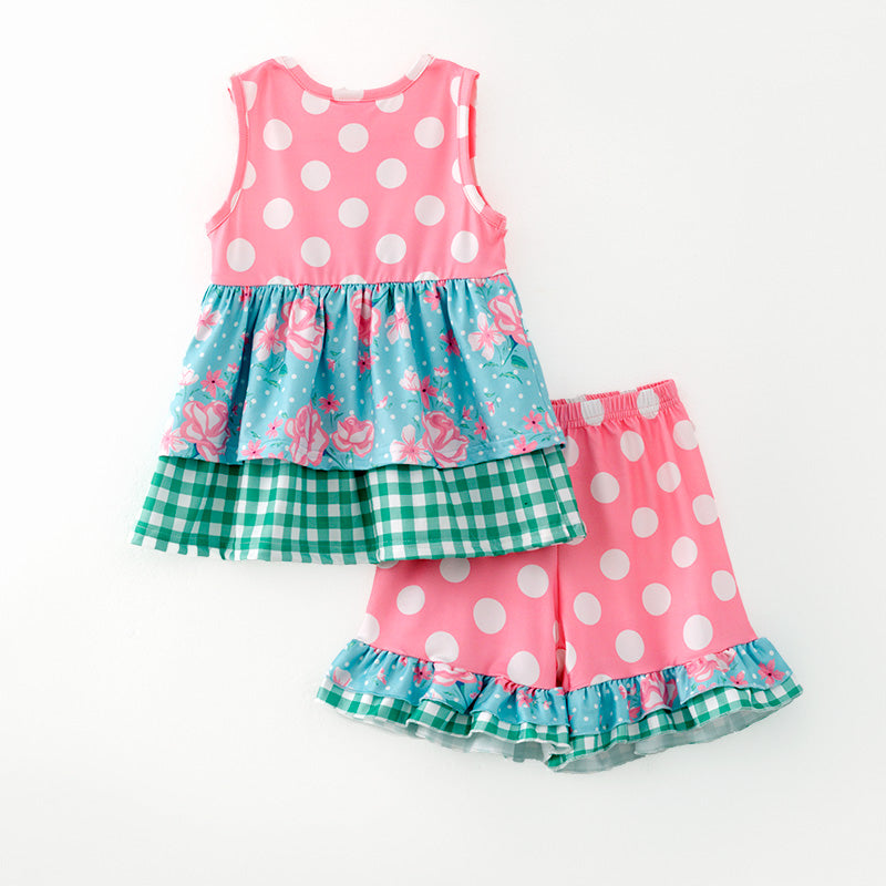 (In Stock)Girls Spring and Summer Pink Dot Print Outfit Set
