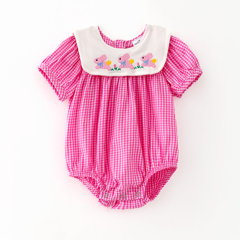 (In Stock)Toddler Girls Easter Bunny Embroidery Pink Plaid Cotton Romper