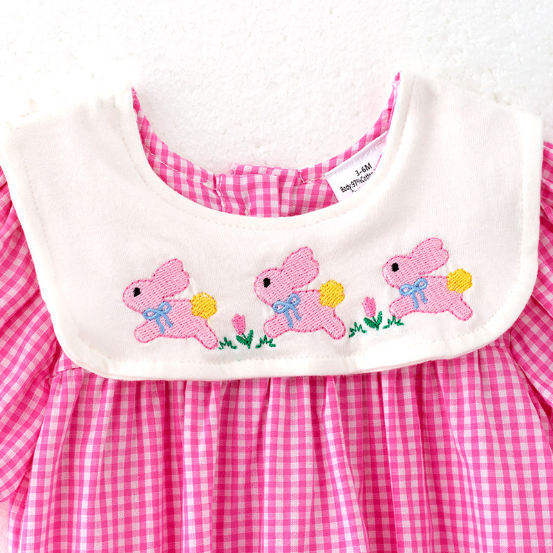 (In Stock)Toddler Girls Easter Bunny Embroidery Pink Plaid Cotton Romper