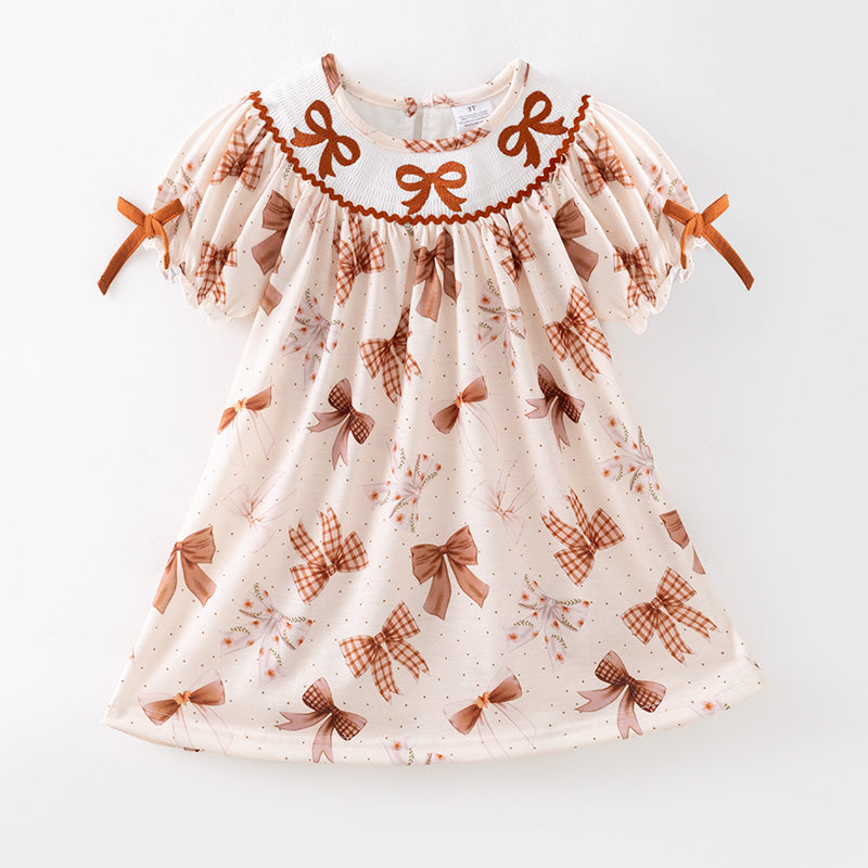 (In Stock)Girls Fall Bow Embroidery Smocked Dress