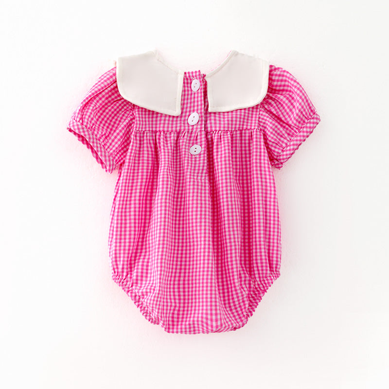 (In Stock)Toddler Girls Easter Bunny Embroidery Pink Plaid Cotton Romper