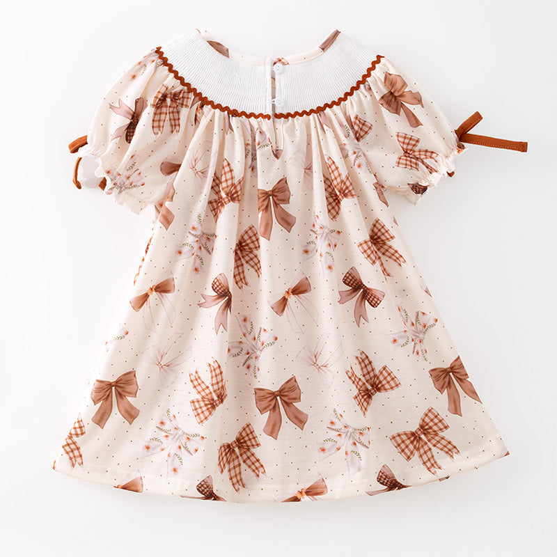 (In Stock)Girls Fall Bow Embroidery Smocked Dress