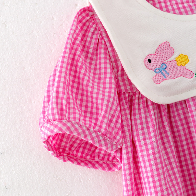 (In Stock)Girls Easter Bunny Embroidery Pink Plaid Cotton Dress