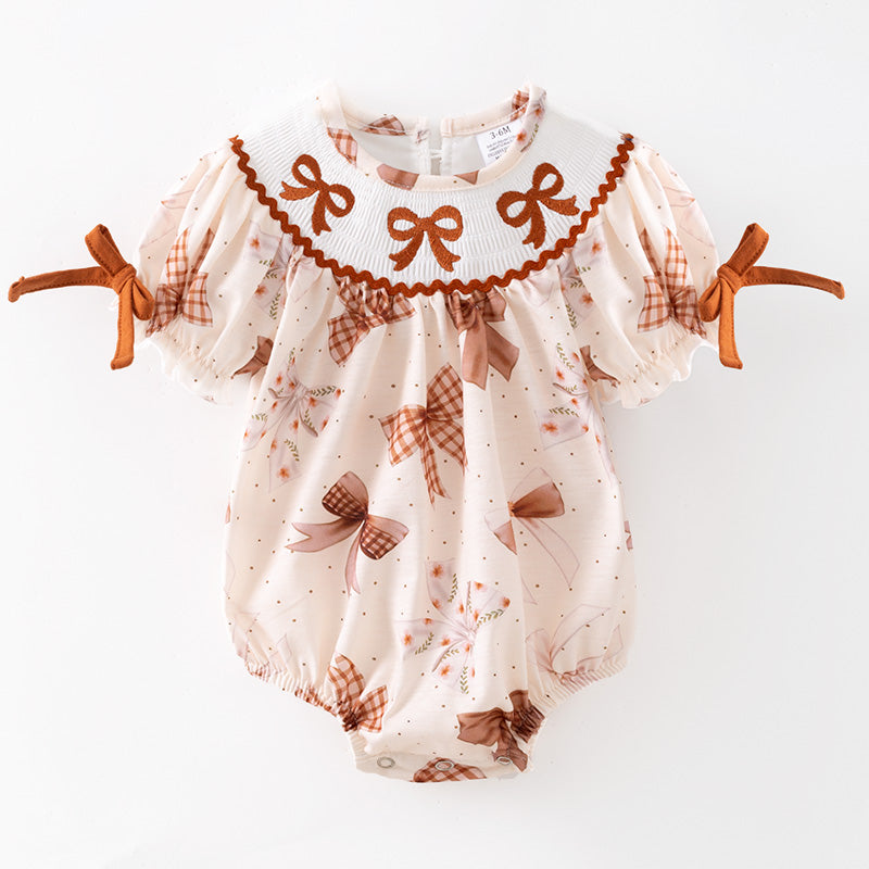 (In Stock)Toddler Girls Fall Bow Embroidery Smocked Romper