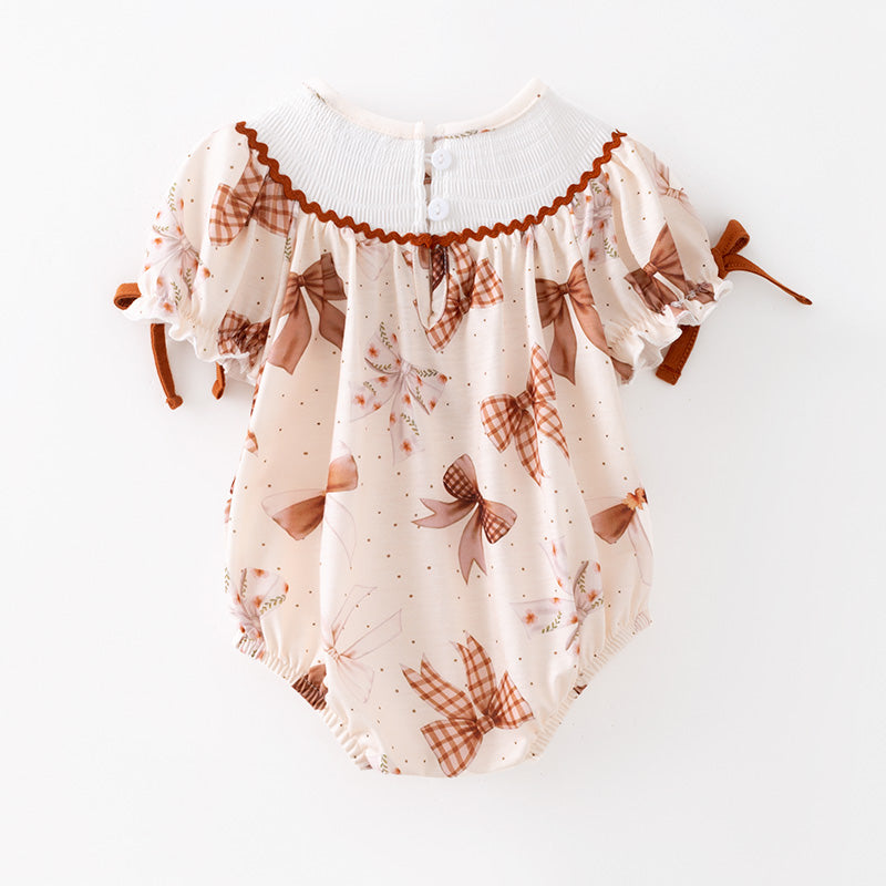 (In Stock)Toddler Girls Fall Bow Embroidery Smocked Romper
