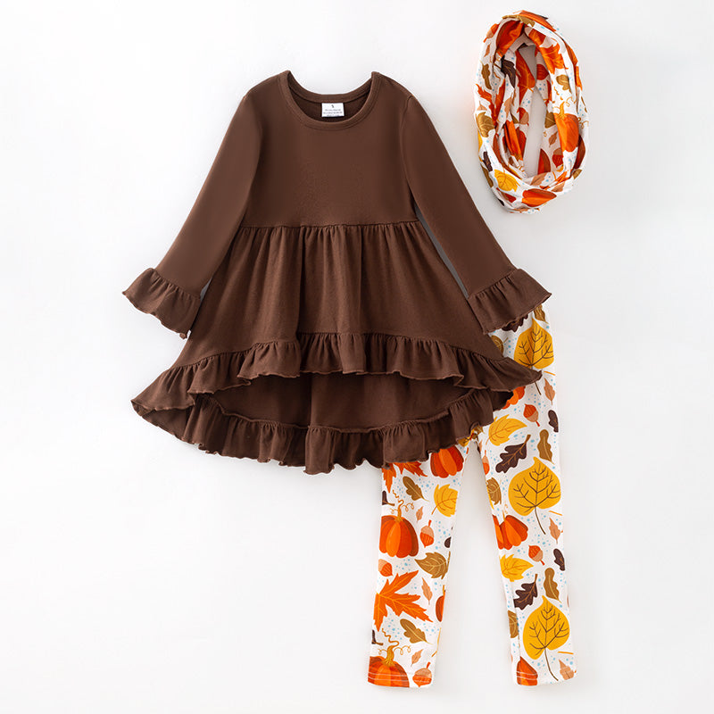 (In Stock)Girls Fall Brown Cotton Top Leaves Print Pants Set with Scarf