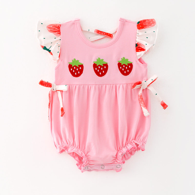 (In Stock)One Pack(4 Pieces total) Sale Toddler Girls Spring and Summer Strawberry Embroidery Romper
