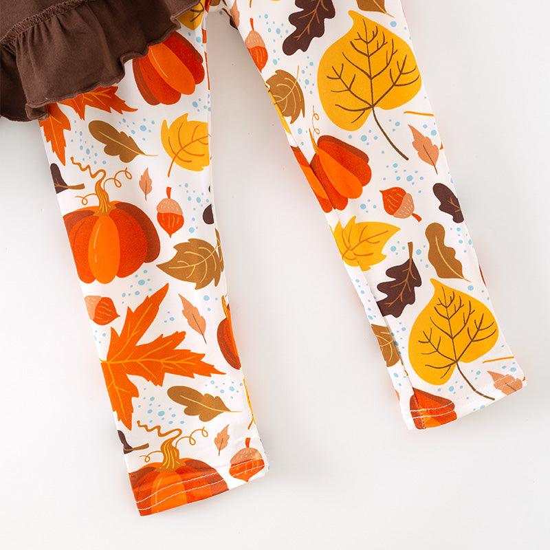 (In Stock)Girls Fall Brown Cotton Top Leaves Print Pants Set with Scarf