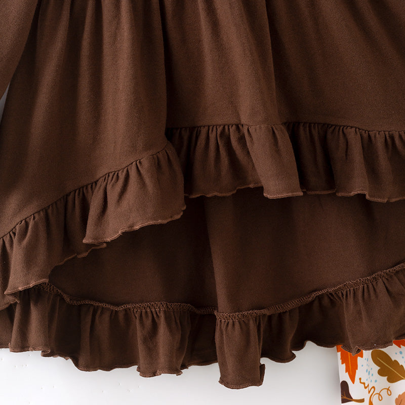 (In Stock)Girls Fall Brown Cotton Top Leaves Print Pants Set with Scarf