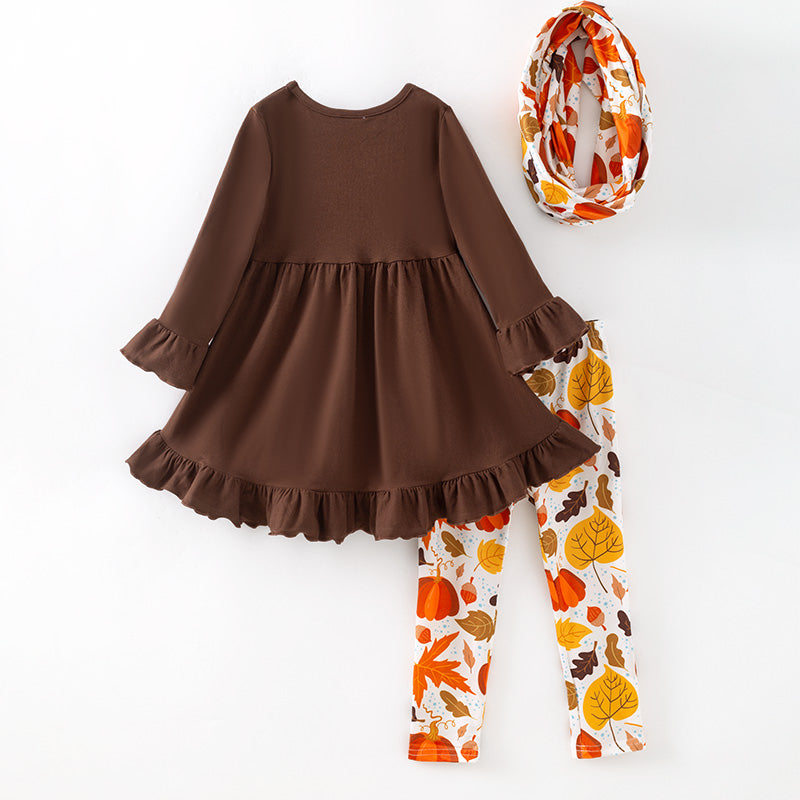 (In Stock)Girls Fall Brown Cotton Top Leaves Print Pants Set with Scarf