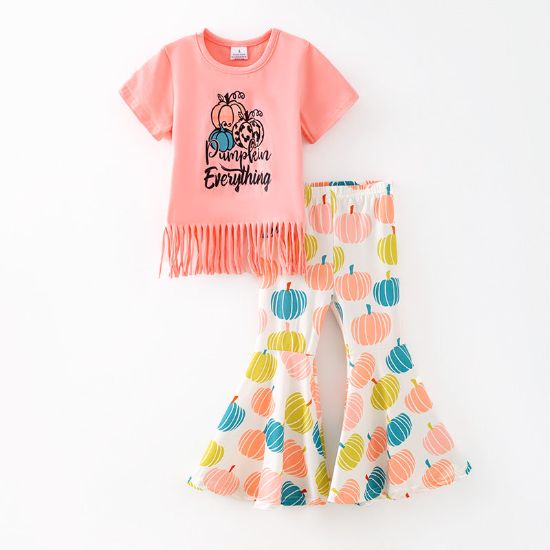 (In Stock)Girls Halloween&Thanksgiving Pumpkin Print Outfit Set