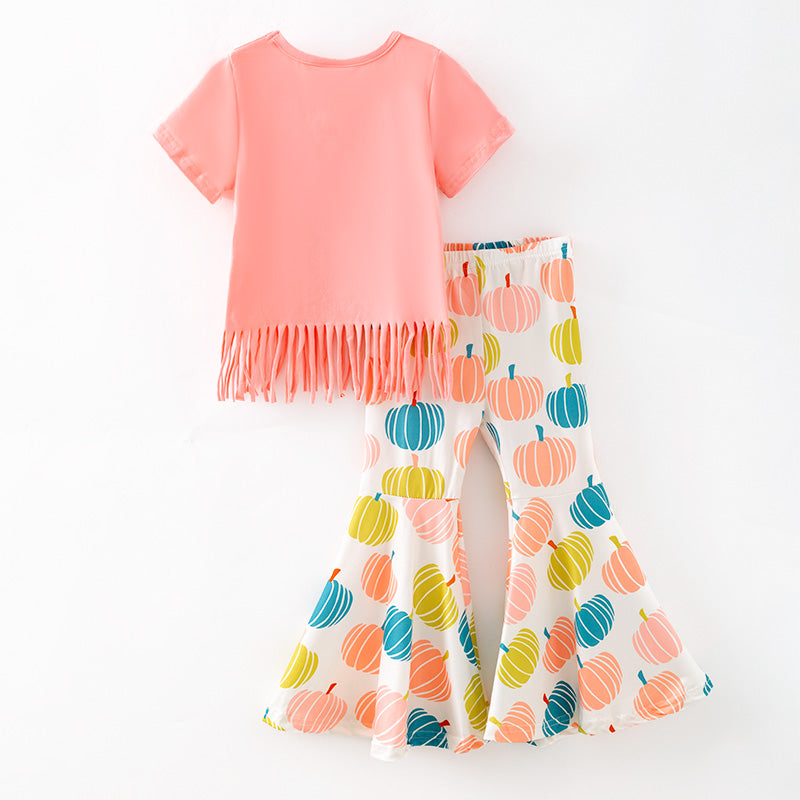 (In Stock)Girls Halloween&Thanksgiving Pumpkin Print Outfit Set