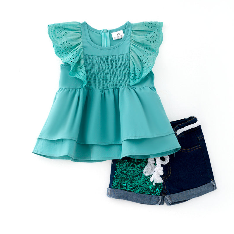 (In Stock)Girls Spring and Summer Turquoise Smocked Top Denim Shorts Set