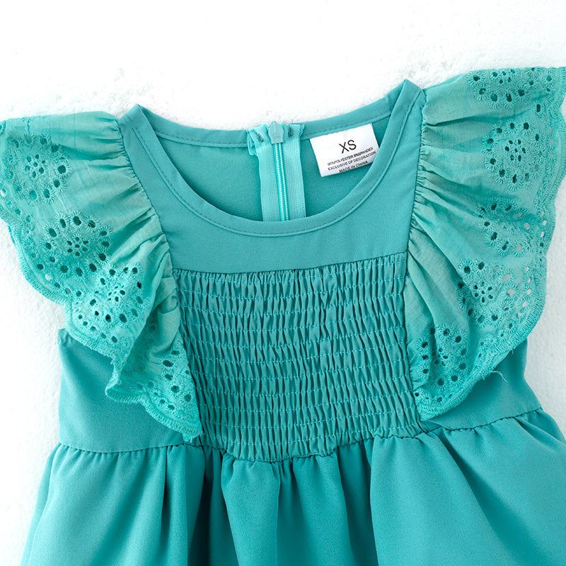 (In Stock)Girls Spring and Summer Turquoise Smocked Top Denim Shorts Set