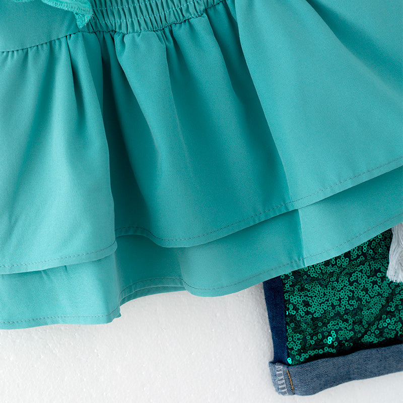 (In Stock)Girls Spring and Summer Turquoise Smocked Top Denim Shorts Set