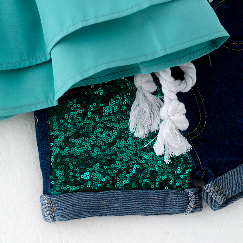 (In Stock)Girls Spring and Summer Turquoise Smocked Top Denim Shorts Set