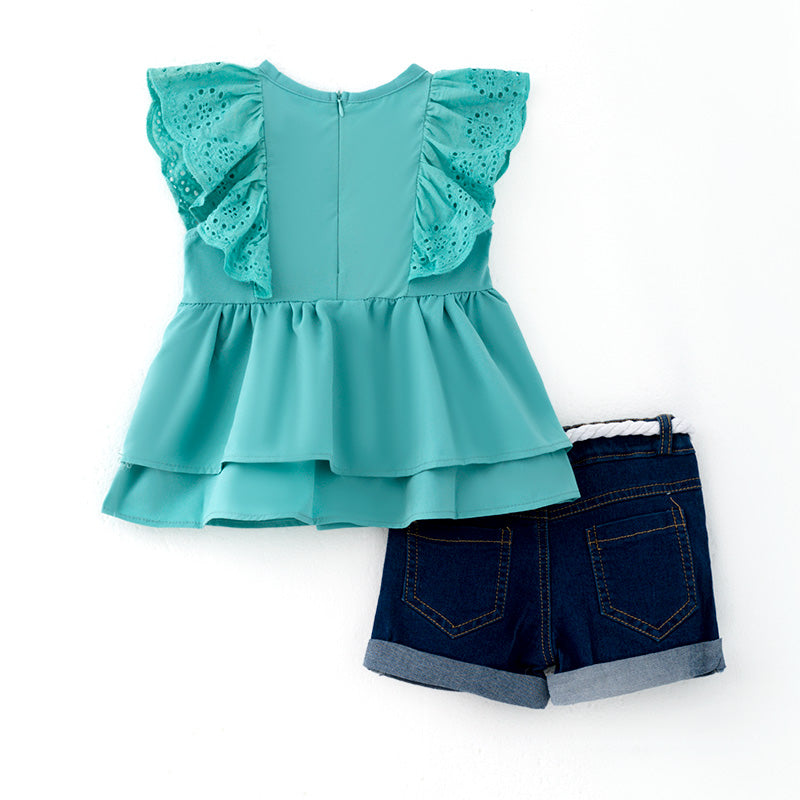 (In Stock)Girls Spring and Summer Turquoise Smocked Top Denim Shorts Set