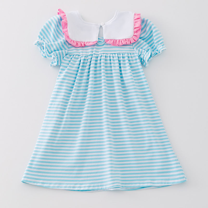 (In Stock)Girls Princess Print Blue Stripe Dress