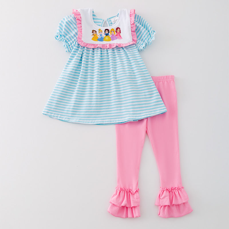 (In Stock)Girls Printed Princess Blue Stripe Outfit Set