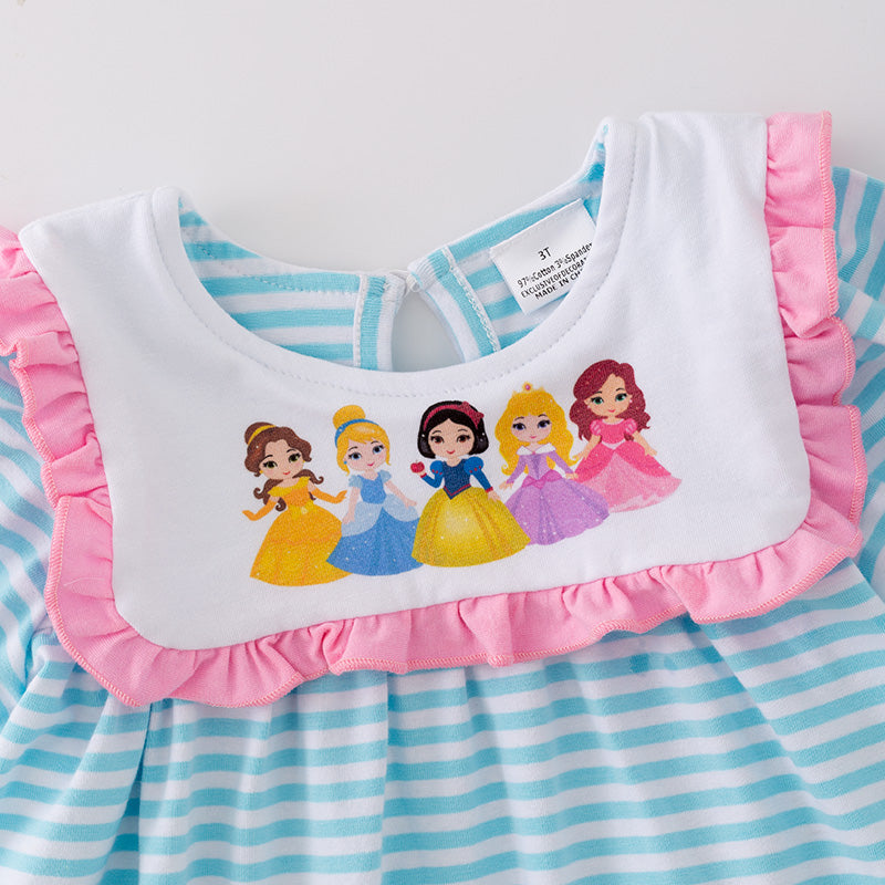 (In Stock)Girls Princess Print Blue Stripe Outfit Set