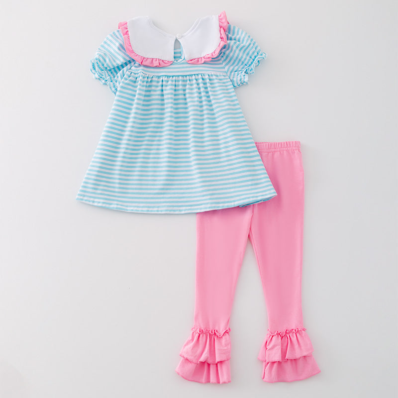 (In Stock)Girls Princess Print Blue Stripe Outfit Set
