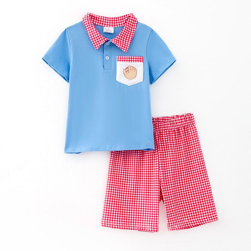 (In Stock)Boys Spring and Summer Baseball Embroidery Outfit Set