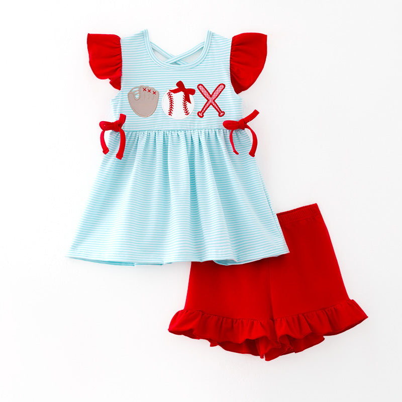 (In Stock)Girls Spring and Summer Baseball Applique Outfit Set