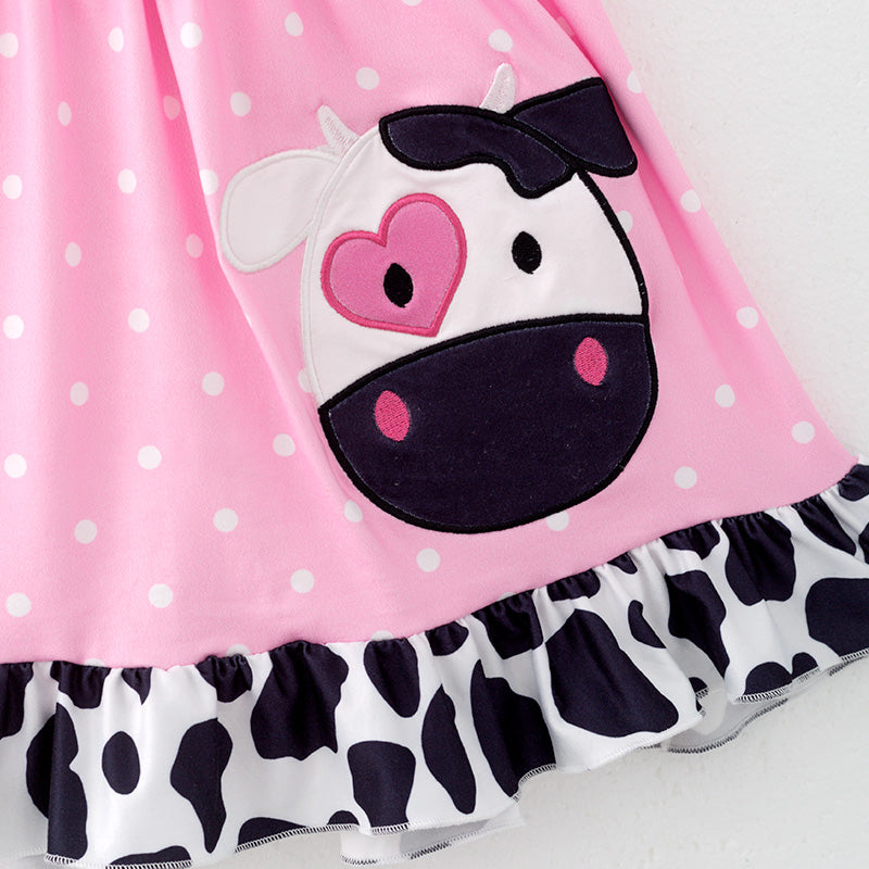 (In Stock)Girls Spring and Summer Cow Applique Dress