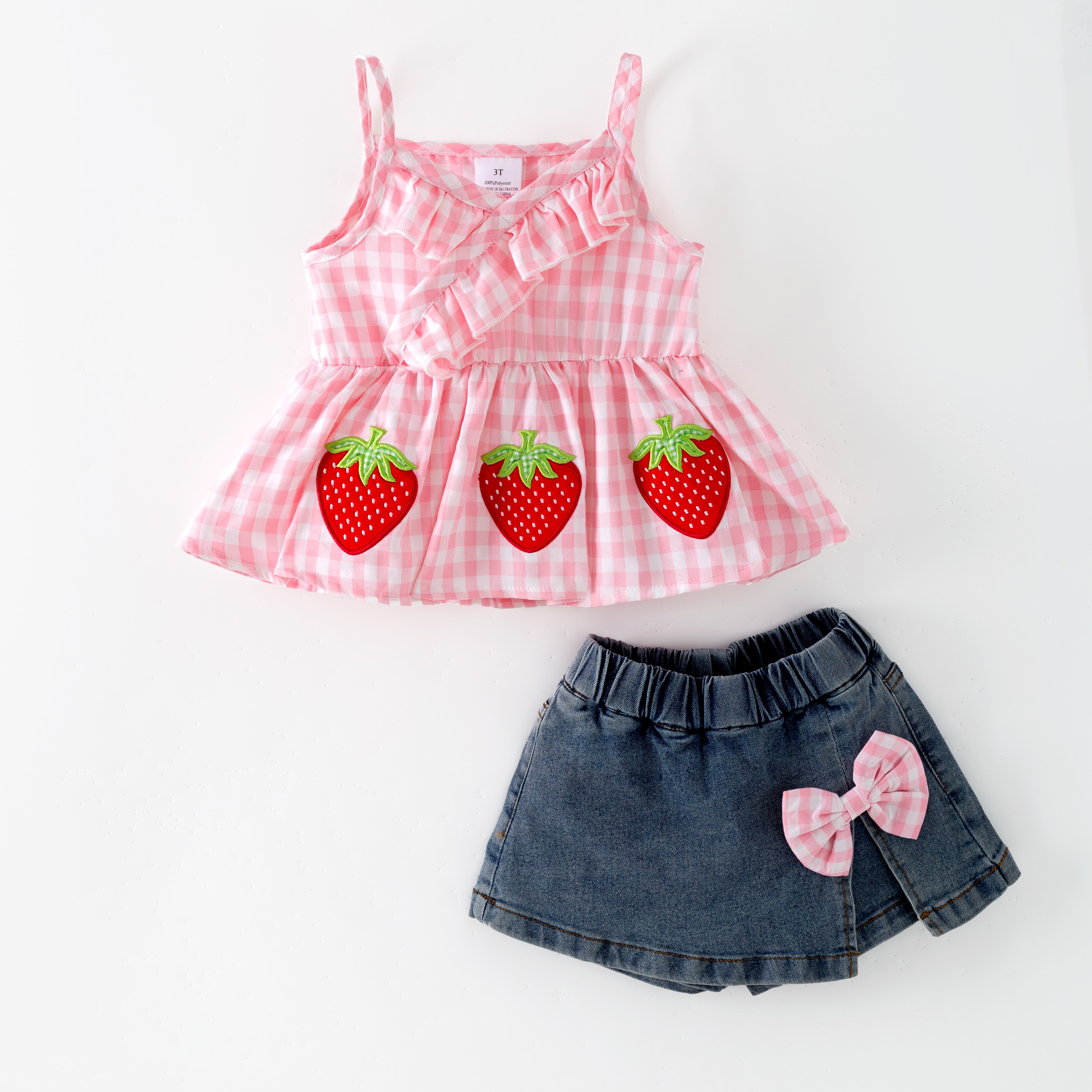 (In Stock)Girls Spring&Summer Strawberry Applique Denim Skort Set