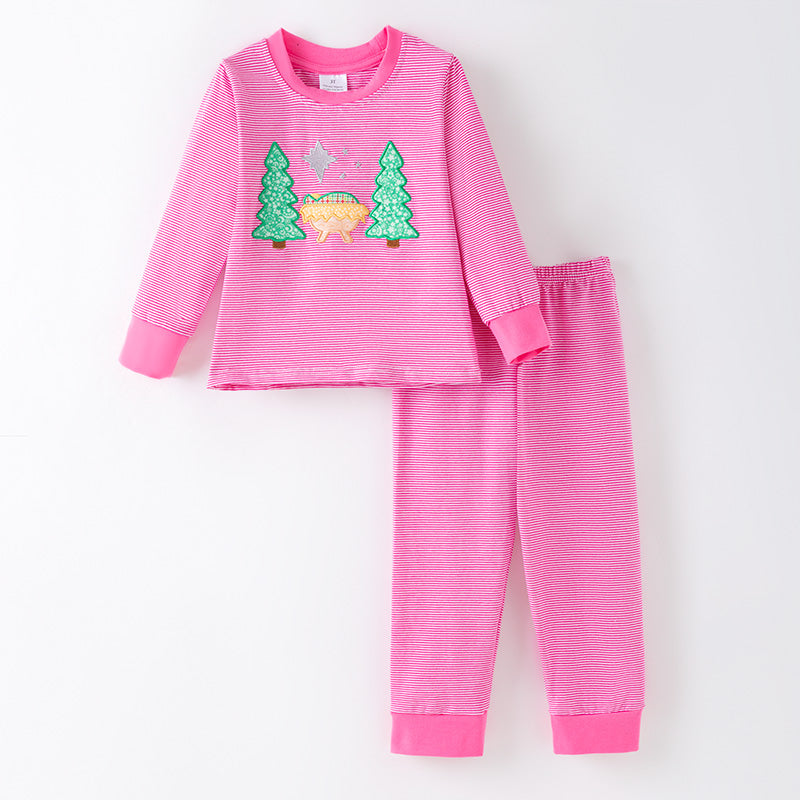 (In Stock)Girls Christmas Applique Cotton Pajamas