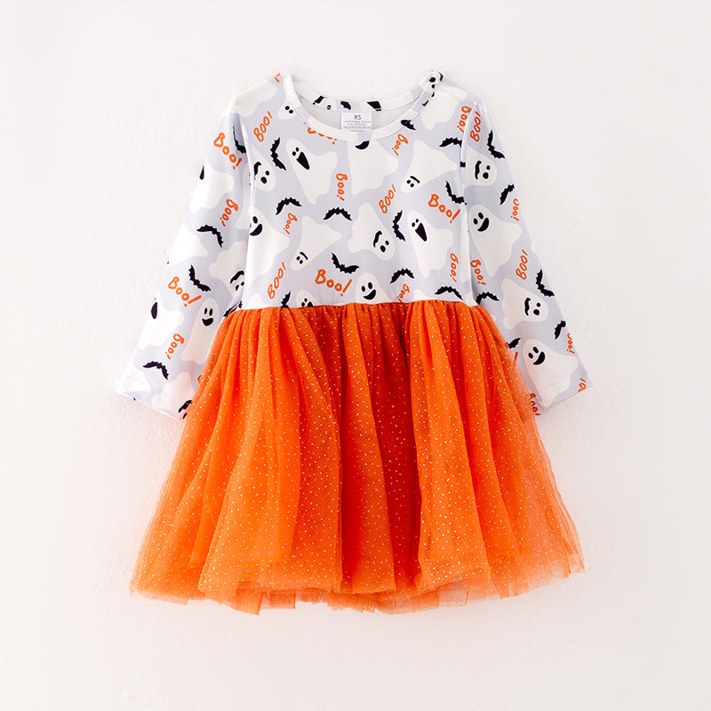 (In Stock G11-5-1)Girls Halloween Print Orange Tulle Dress