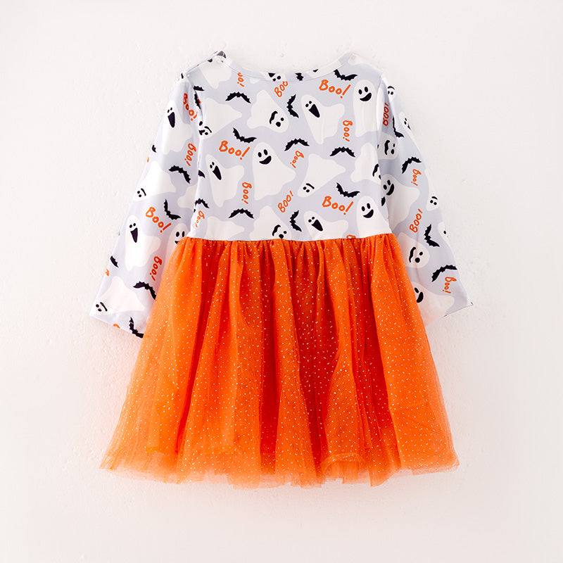 (In Stock G11-5-1)Girls Halloween Print Orange Tulle Dress