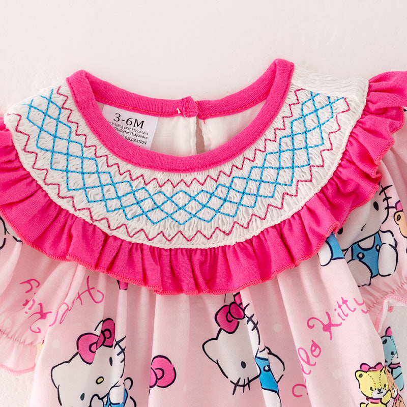 (In Stock)Baby Girls Cartoon Print Puff Sleeve Smocked Romper