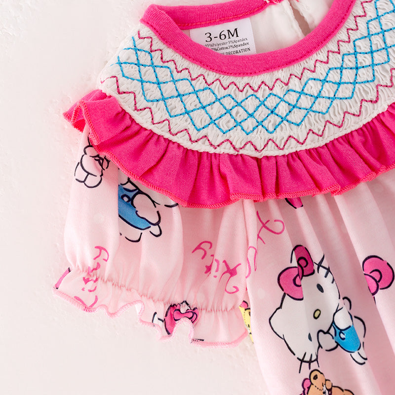 (In Stock)Baby Girls Cartoon Print Puff Sleeve Smocked Romper