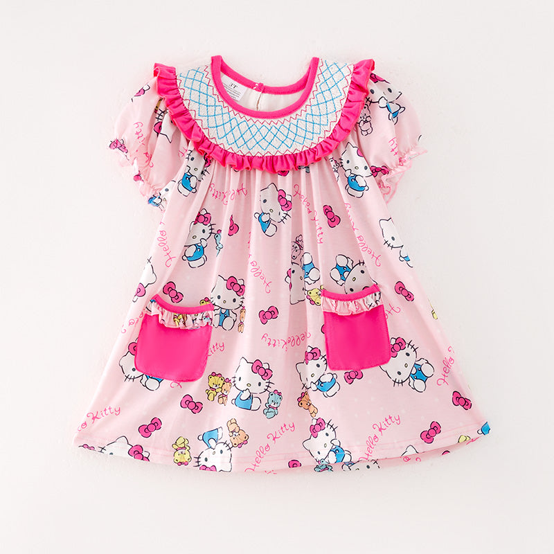 (In Stock)Girls Cartoon Print Puff Sleeve Smocked Dress