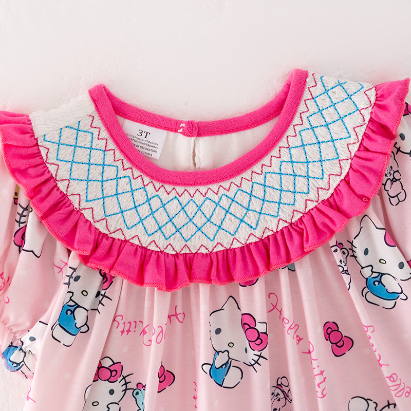 (In Stock)Girls Cartoon Print Puff Sleeve Smocked Dress