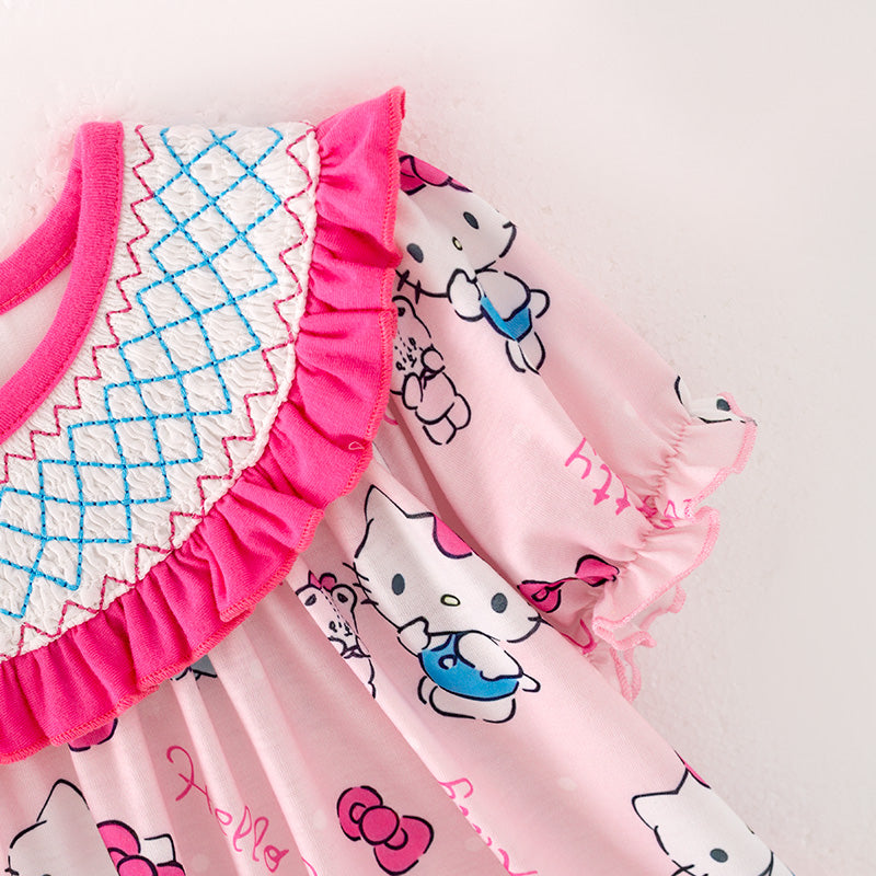(In Stock)Girls Cartoon Print Puff Sleeve Smocked Dress