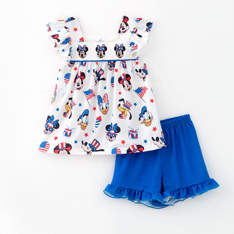 (In Stock)Girls Patriotic Cartoon Embroidery Outfit Set