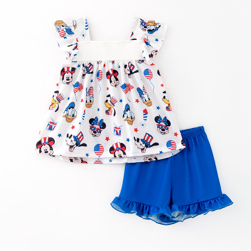 (In Stock)Girls Patriotic Cartoon Embroidery Outfit Set