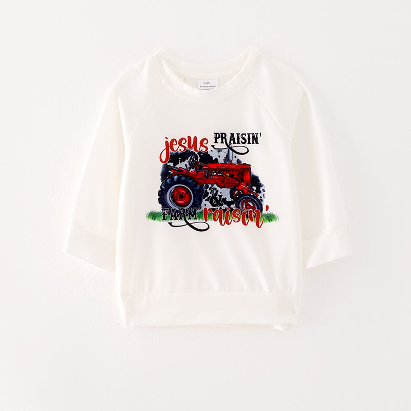 (In Stock L21-3-3)Boys White Farm Print Hoodie