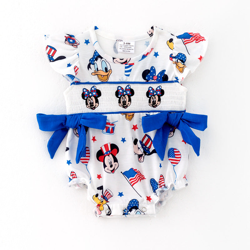 (In Stock)Toddler Girls Patriotic Cartoon Embroidery Smocked Romper