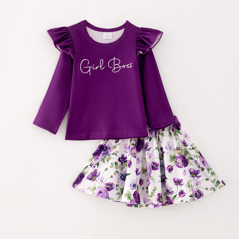 (In Stock L18-4-3)Girls Purple Top Floral Print Skirt Set