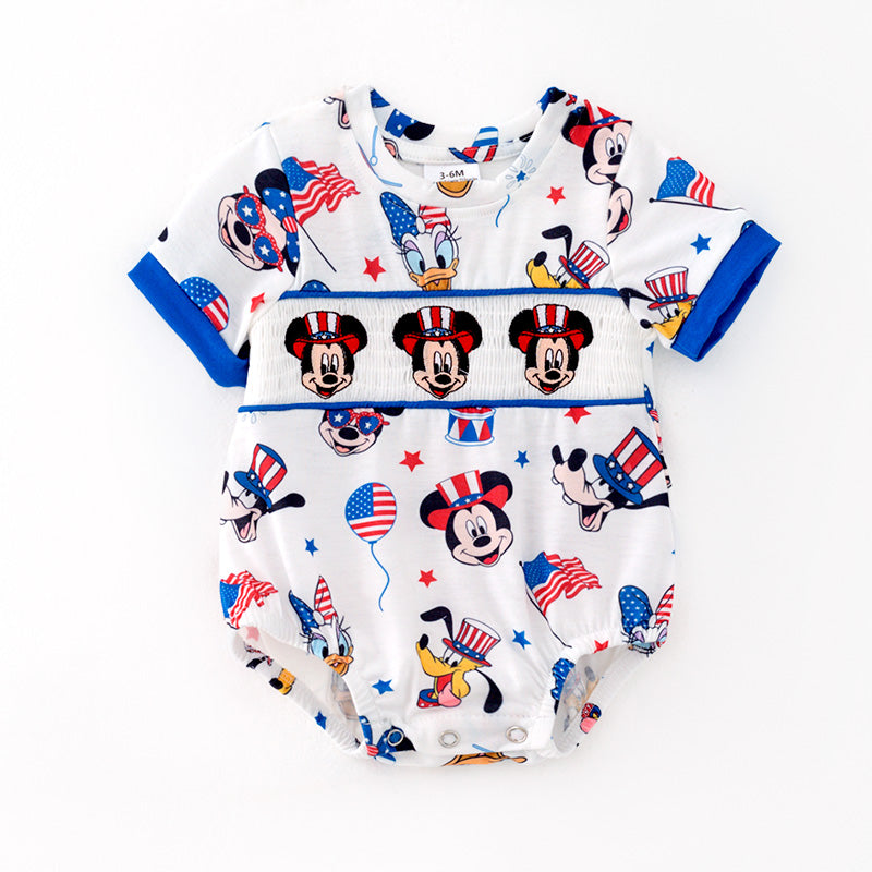 (In Stock)Toddler Boys Patriotic Cartoon Embroidery Smocked Romper