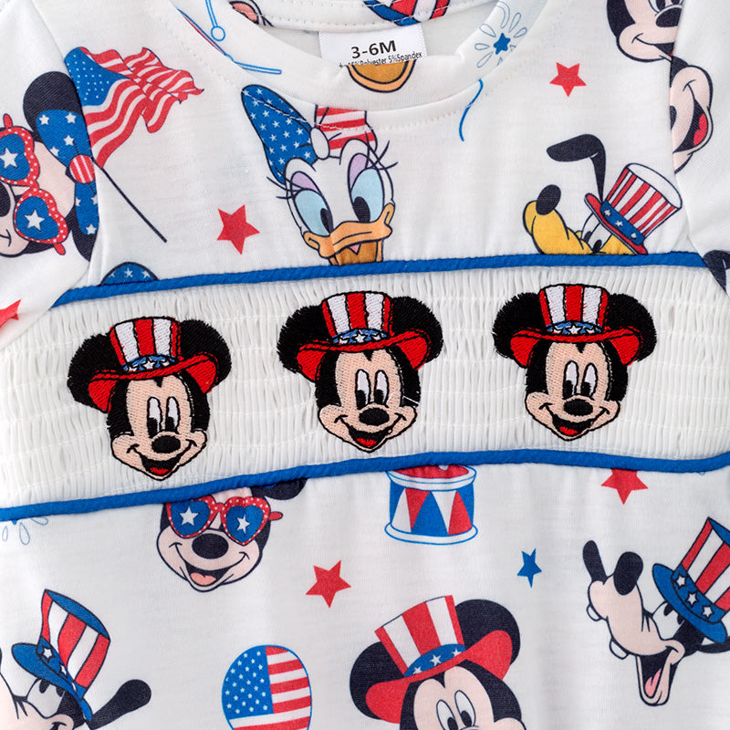 (In Stock)Toddler Boys Patriotic Cartoon Embroidery Smocked Romper