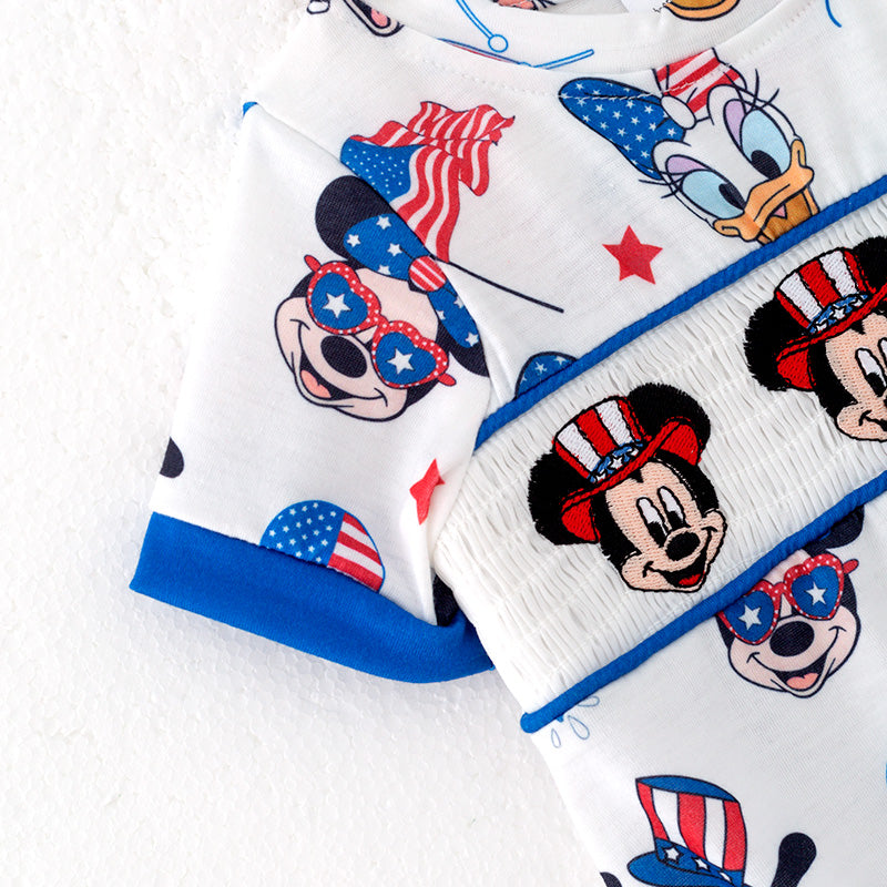 (In Stock)Toddler Boys Patriotic Cartoon Embroidery Smocked Romper