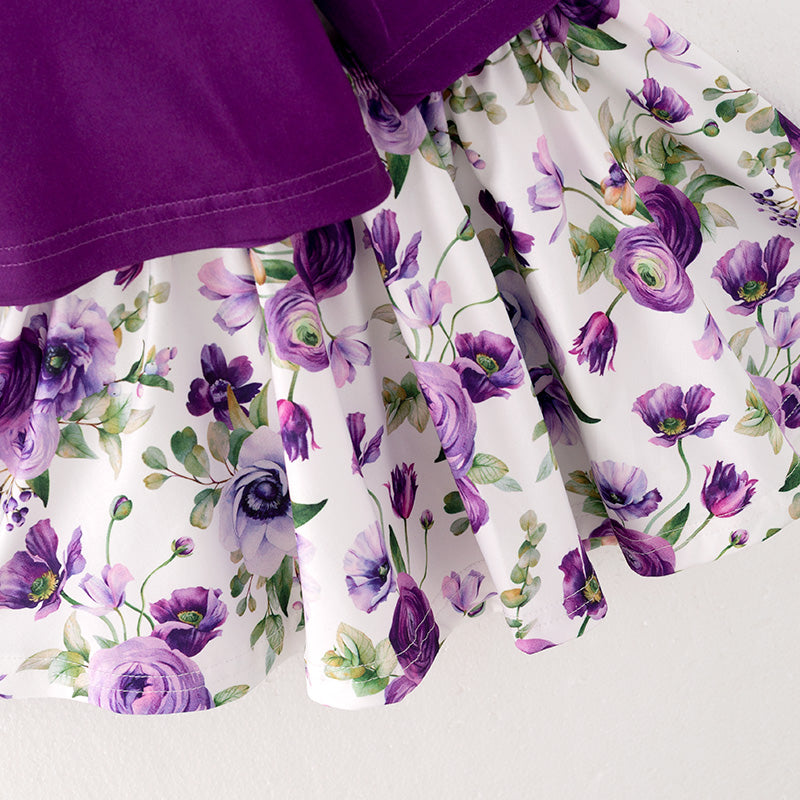 (In Stock L18-4-3)Girls Purple Top Floral Print Skirt Set