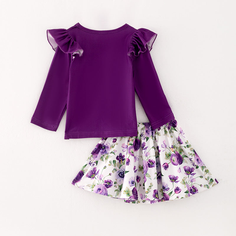 (In Stock L18-4-3)Girls Purple Top Floral Print Skirt Set