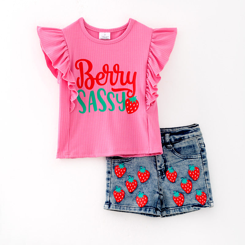 (In Stock)Girls Spring and Summer Berry Sassy Print Denim Set