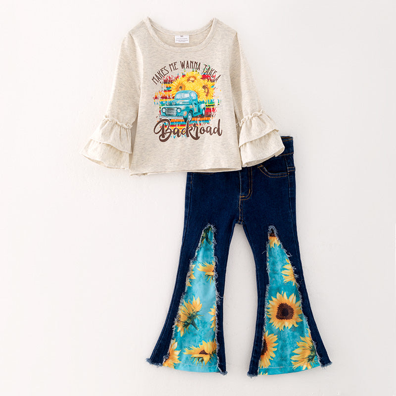 (In Stock L32-4-3)Girls Sunflower Print Denim Set